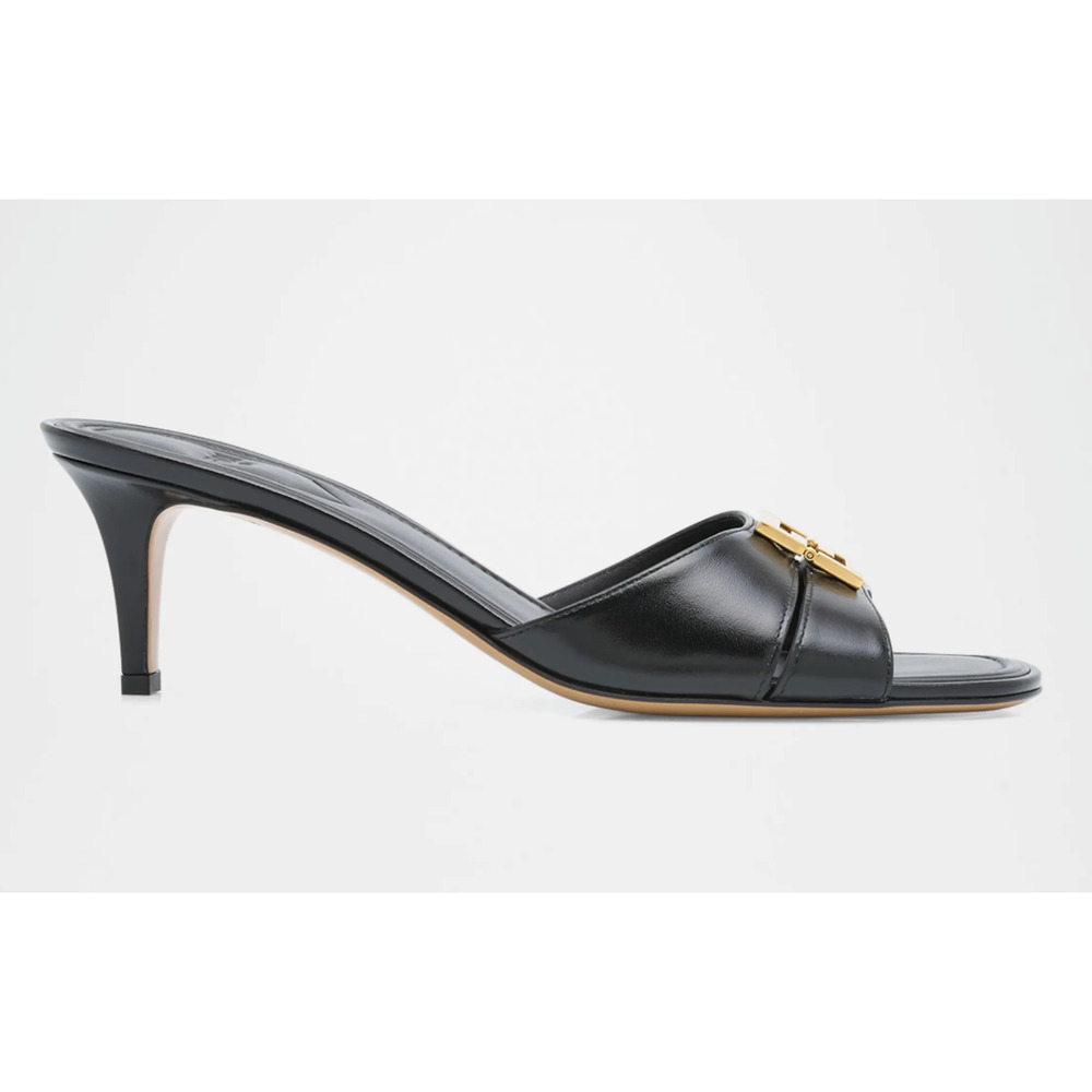 Fendi Fold Slide Black Leather Gold FF Logo Mule Kitten Heel Pump Sandals 37.5 - Picture 3 of 16